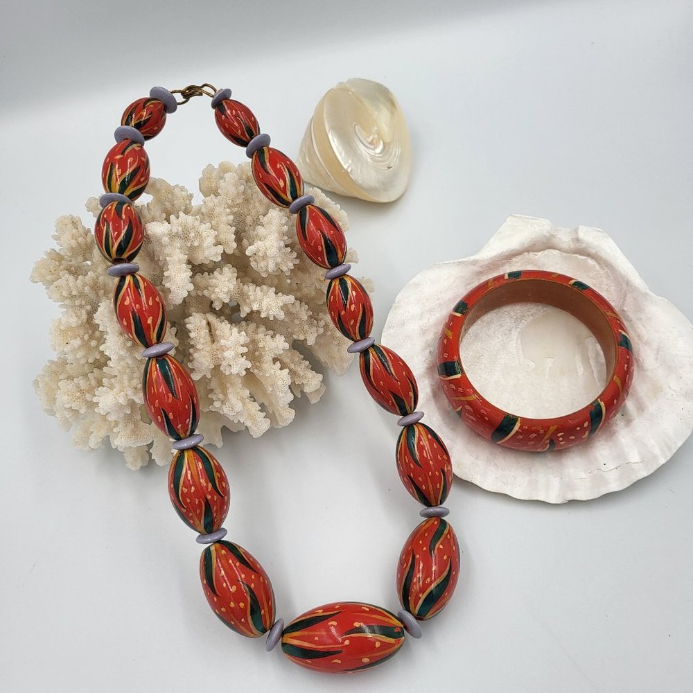 Strawberry Patterned Large Beaded Necklace and Bracelet Set